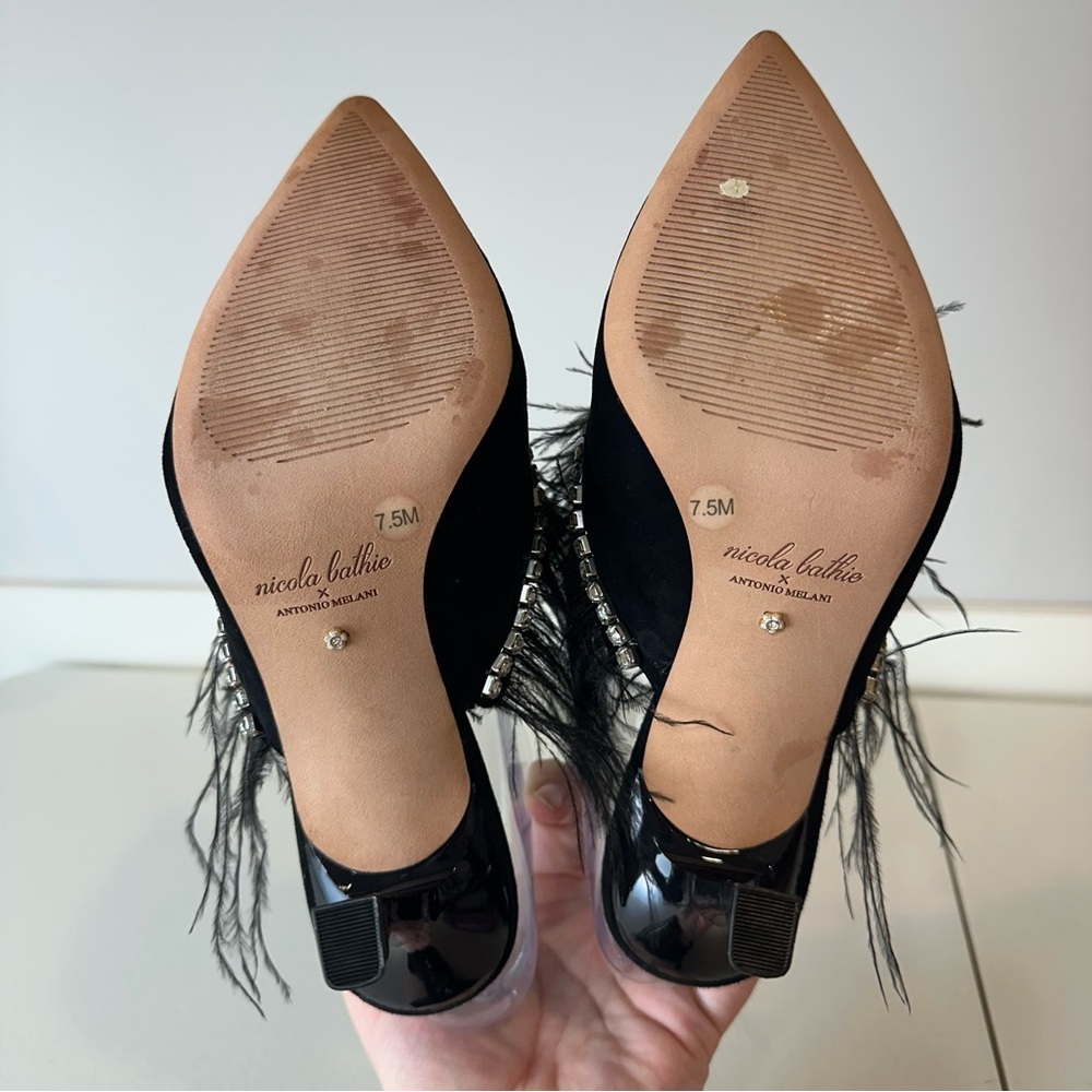 Antonio Melani x Nicola Bathie Black Liz Ostrich Feathers Rhinestone Mules 7.5 - Picture 4 of 6